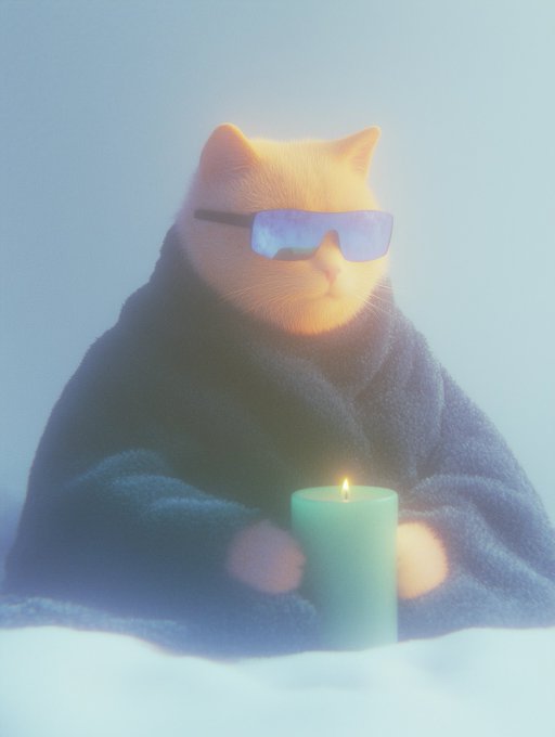 A cat wearing sunglasses and wrapped in a blue blanket holds a lit candle, evoking the image of a mystic or sage awaiting a sudden revelation—mirroring the post's anticipation of $MOG making a surprise, $SHIB-like breakout move.