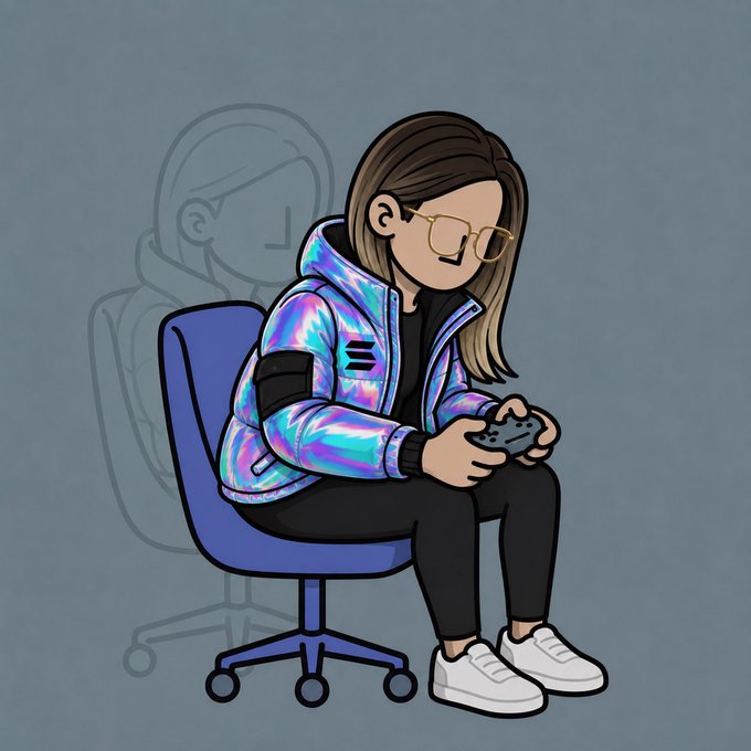 Digital illustration of a person with brown hair and glasses, wearing a shiny iridescent jacket, sitting in a blue chair and holding a game controller.
