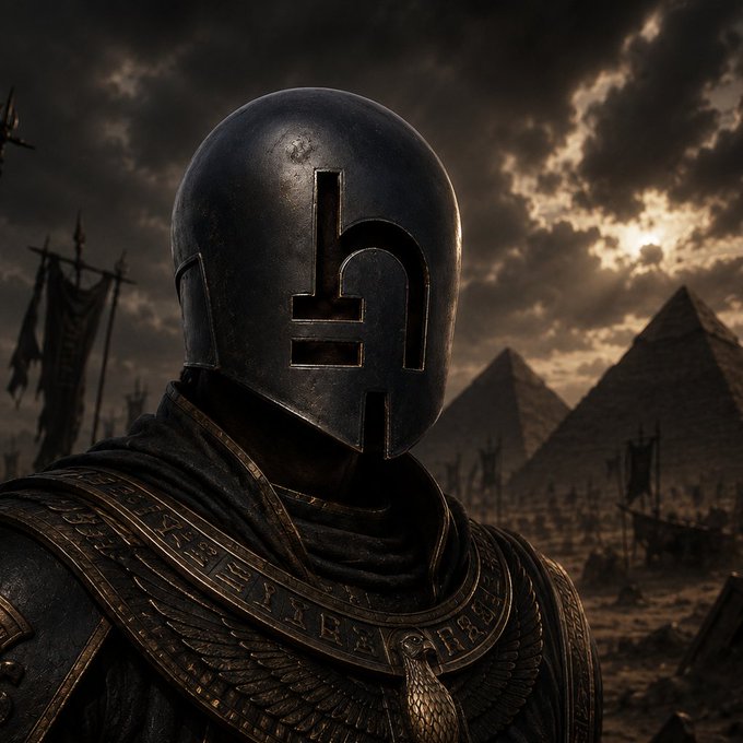 A faceless knight in dark, weathered armor stands before ancient pyramids under a stormy sky, with hieroglyphic-like engravings adorning his chestplate. The ominous figure evokes the threatening, inevitable rise referenced in the post "Hathorians, our time will come," suggesting a dark force waiting to claim an ancient, Egyptian-inspired empire.