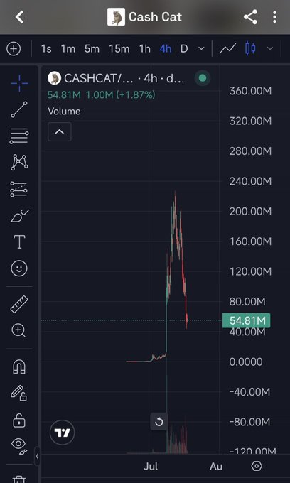A TradingView chart for CASHCAT token showing a dramatic price spike in July with current value at 54.81M and 1.00M (+1.87%).