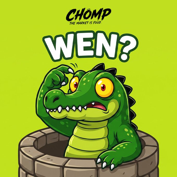 A cartoon green crocodile emerges from a stone well, scratching its head in confusion beneath bold white "WEN?" text and the "CHOMP - THE MARKET IS FOOD" logo on a bright green background, visually illustrating the post's playful theme of addressing multiple community "Wen?" questions about CHOMP claim timing, NFT releases, and new allocations.