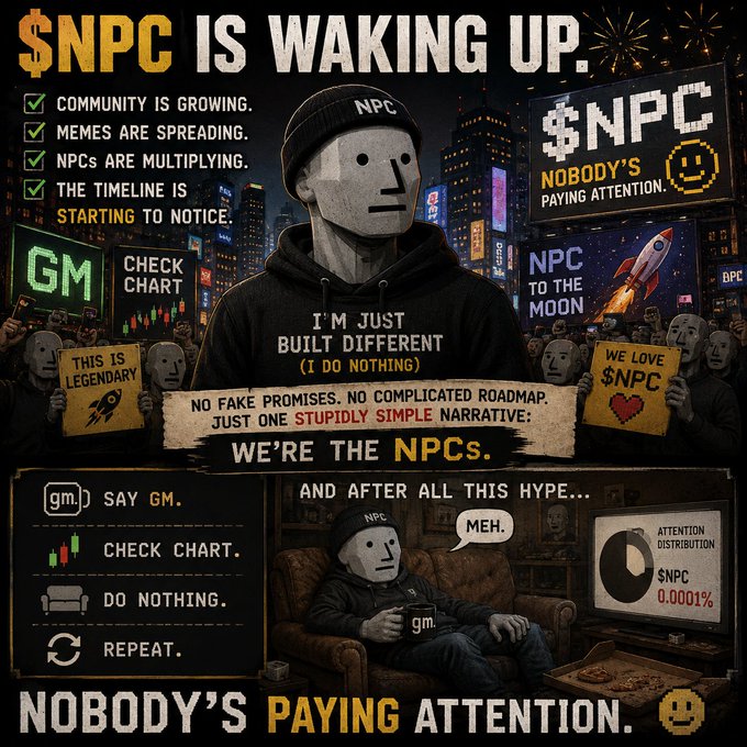 Promotional meme image for '$NPC IS WAKING UP' featuring an NPC character in a hoodie, checkmarked list including 'Community is growing' and 'Memes are spreading', tagline 'Nobody's Paying Attention,' and a routine: Say GM, Check Chart, Do Nothing, Repeat.