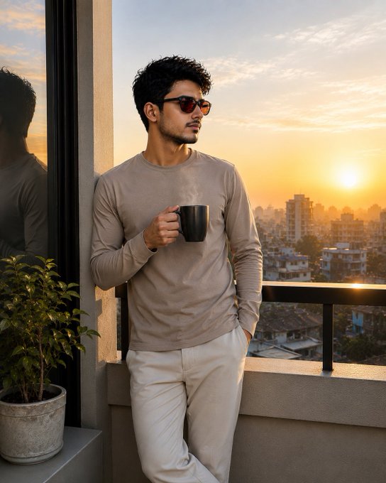 A young man wearing sunglasses and a beige Y-3 sweatshirt holding a black mug, leaning against a balcony overlooking a city at sunset.