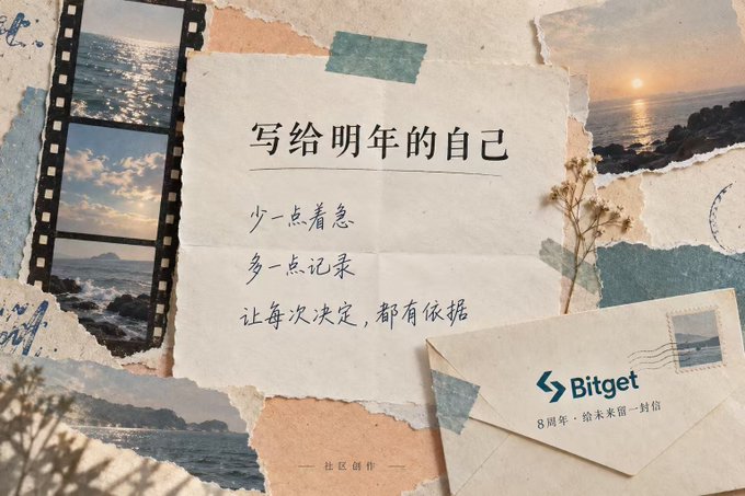 A vintage-style collage featuring a handwritten letter titled "写给明年的自己" (A Letter to Next Year's Self) with messages about being less anxious and recording more, alongside a Bitget envelope marking "8周年·给未来留一封信" (8th Anniversary · A Letter for the Future) with Bitget's logo.

The image ties to the post as a visual representation of Bitget's 8th anniversary campaign inviting users to write genuine wishes for the exchange's future—mirroring the poster's intimate "letter to yourself" concept and supporting the writer's decision to seriously share their wishes after learning about the event.