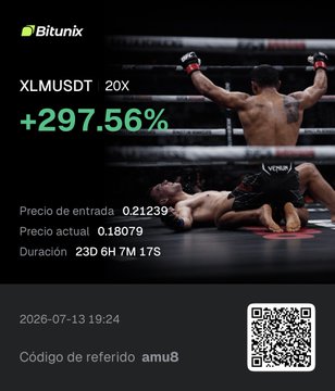 Bitunix trading app screenshot showing an XLMUSDT position with 20X leverage, displaying a +297.56% gain, with entry price 0.21239, current price 0.18079, duration 23D 6H 7M 17S, dated 2026-07-13 19:24, with referral code amu8.