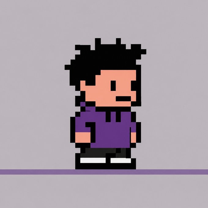 A pixel art illustration of a person with black hair and a purple hoodie standing on a purple line against a grey background.
