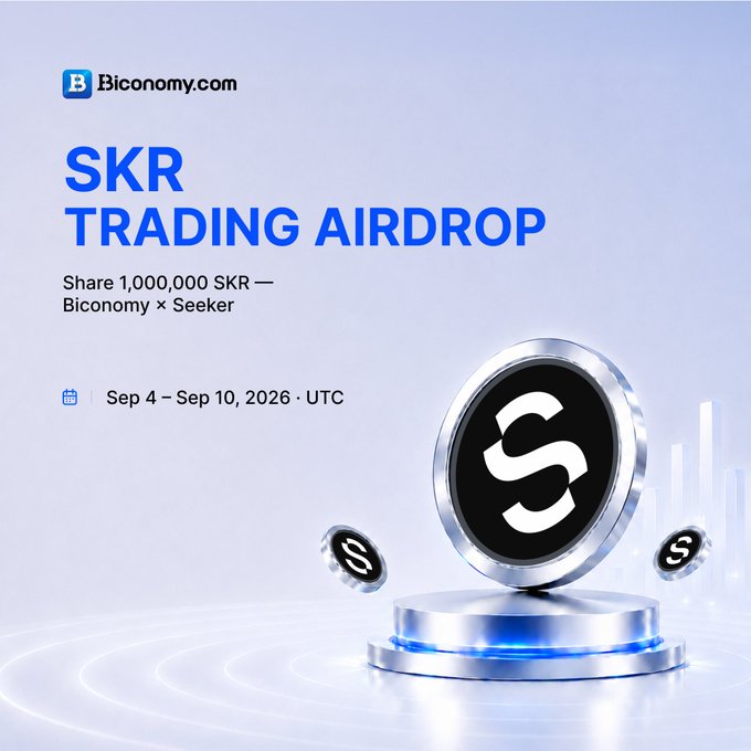 A promotional advertisement for the 'SKR TRADING AIRDROP' on Biconomy.com, sharing 1,000,000 SKR with Seeker, running from Sep 4 – Sep 10, 2026, featuring 3D coin graphics.