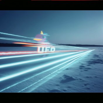 Abstract digital art depicting colorful streaks of light converging toward a horizon over a dark surface, with a small glowing figure in the distance.