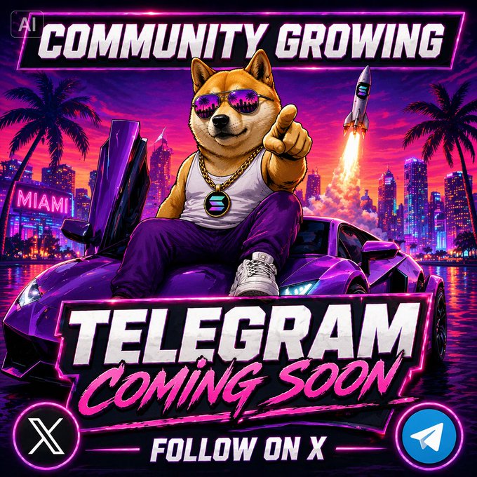 The image features a cartoon dog wearing sunglasses sitting atop a purple sports car with a rocket behind him. The background of the image shows a city skyline at night, creating an urban atmosphere. The caption for the image reads "Community Growing" followed by "Telegram Coming Soon".