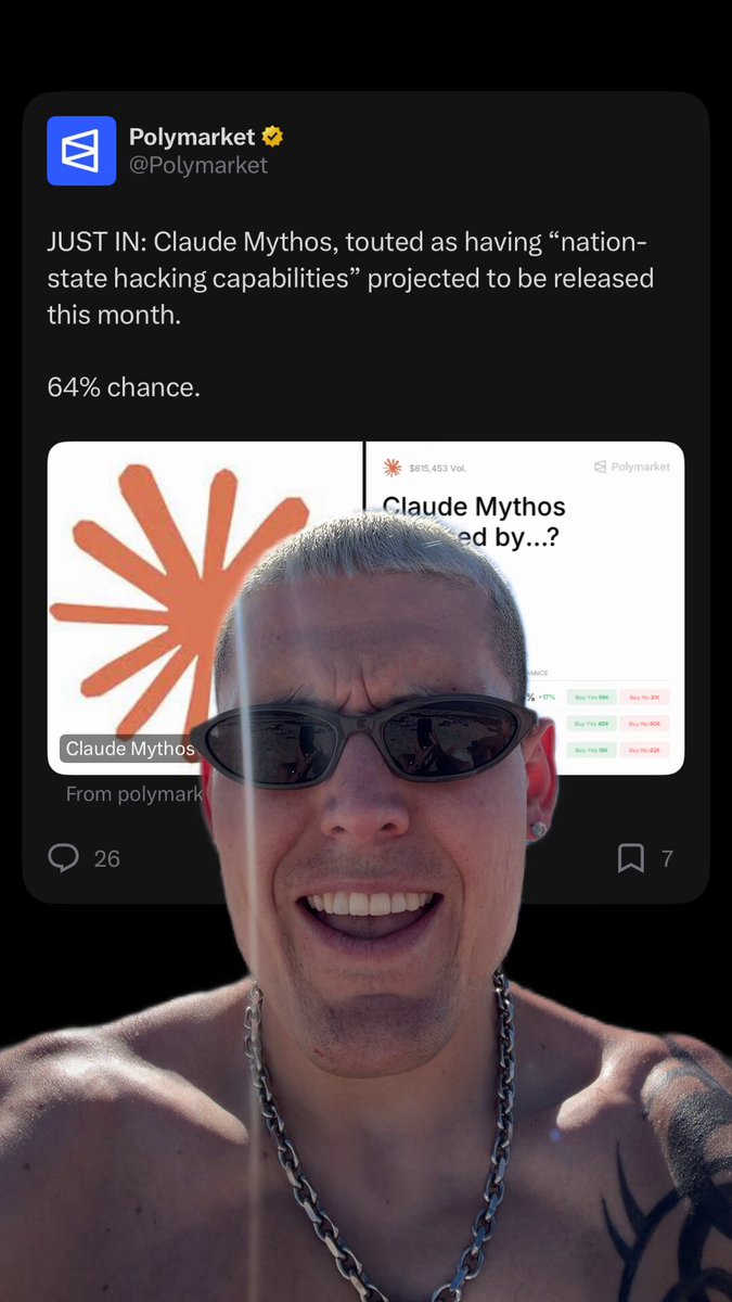 The image features a shirtless man wearing sunglasses, with a chain around his neck. He has a large tattoo on his arm. In front of him, there's a Twitter screen displaying a post about a new cryptocurrency called PolyMarket. The post includes a photo and text that reads "Just an Ili Claude Mythos as having 'Having' a face tracking capability" and "Projected to be released in the next month".