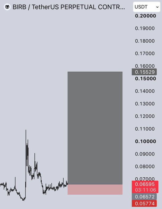 A price chart for the BIRB / TetherUS PERPETUAL CONTRACT (USDT) showing a large gray box covering a price range between approximately 0.065 and 0.155, with the current price highlighted at 0.15529.