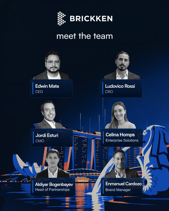 A promotional graphic titled "BRICKKEN meet the team," showcasing the headshots, names, and titles of six executives, including Edwin Mata (CEO) and Ludovico Rossi (CRO), against a blue cityscape background.