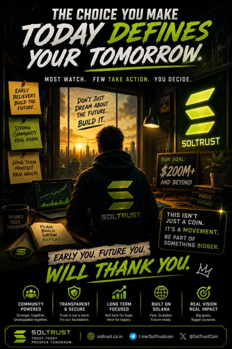 A promotional poster for 'SOLTRUST' cryptocurrency with the headline 'THE CHOICE YOU MAKE TODAY DEFINES YOUR TOMORROW' and a goal of '$200M+ AND BEYOND', featuring a man overlooking a city skyline.