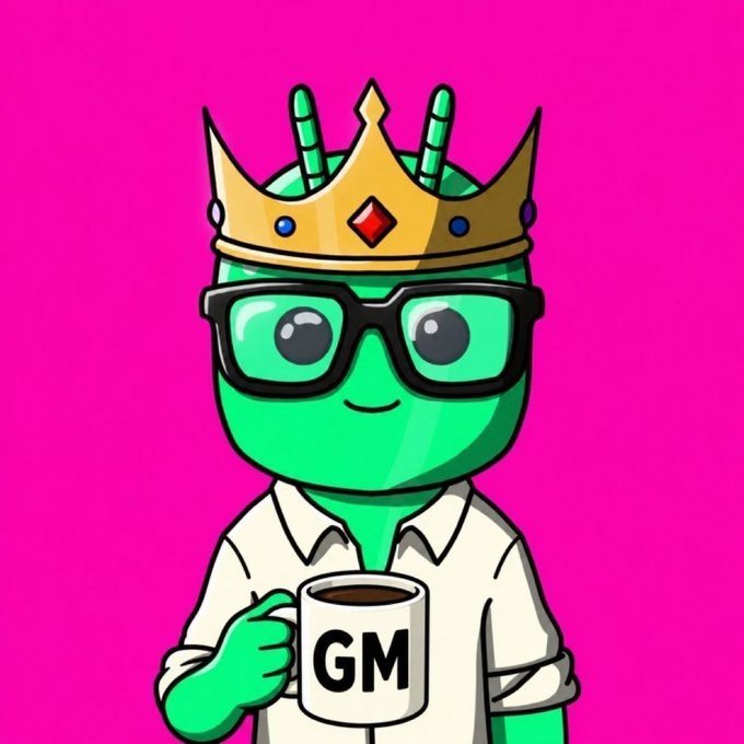 A cartoon green alien mascot wearing a gold crown and black glasses holds a white mug labeled 'GM' against a bright pink background.