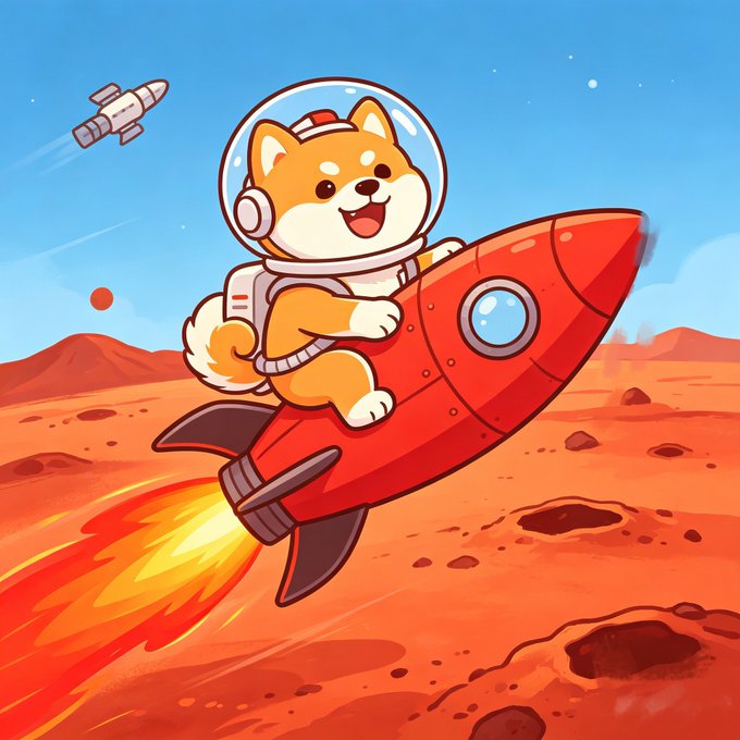 A cheerful cartoon Shiba Inu wearing a space helmet rides a red rocket across the Martian surface, with another rocket flying in the distance — visually tying into the "Mars Dog" ($MarsDog) token branding and its space-exploration theme.