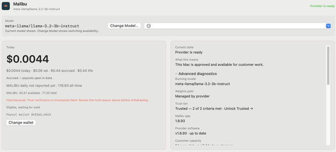 A dashboard showing provider details for model meta-llama/llama-3.2-3b-instruct under the name "Malibu", with today's earnings of $0.0044 and status marked as 'Provider is ready' and 'Eligible, waiting for work'.
