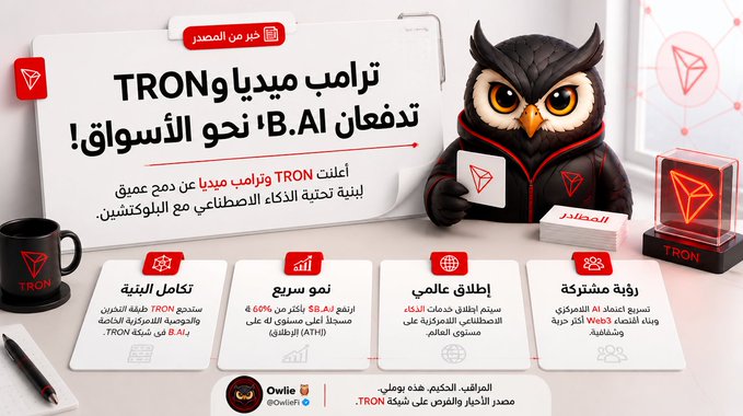 The image features a cartoon owl sitting at a desk with a computer monitor, keyboard, mouse, and cup of coffee nearby. The background includes a white sign that says "TRX ظاهر هنا من خلال TRX - 3,128,448". This suggests the presence of a social media post or advertisement related to the trading platform Trx.