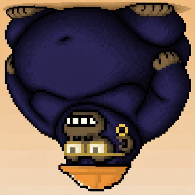 Pixel art depiction of a brown character sitting inside a dark purple hot air balloon basket, set against a tan background.