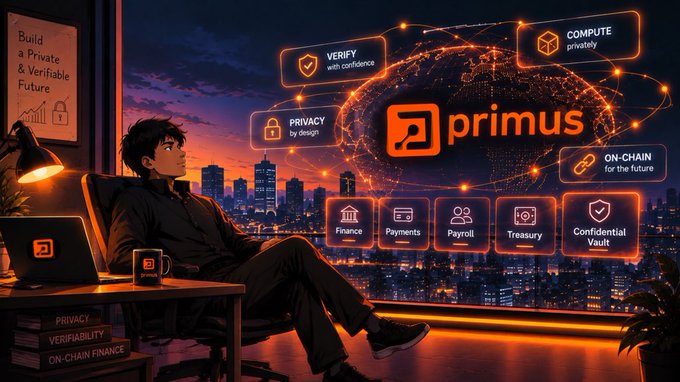 A promotional graphic for 'Primus' featuring an illustrated figure in a cityscape at sunset, highlighting features like 'Verify with confidence,' 'Privacy by design,' 'Compute privately,' and use cases including Finance, Payments, Payroll, Treasury, and Confidential Vault.