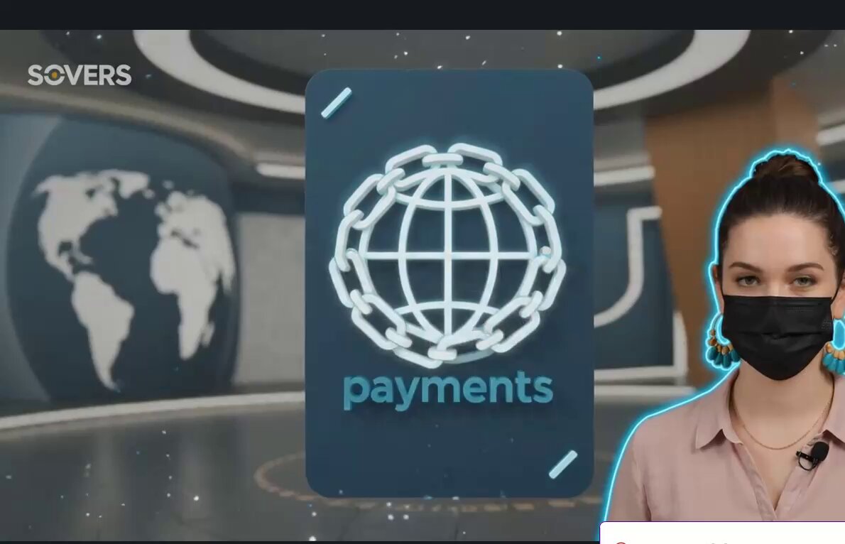 The image shows a woman wearing a face mask standing next to a computer screen displaying a video about payments. The video features a globe with chains around it, which is part of an advertisement for a payment platform called Solana. The text on the screen reads "Most swaps tell the network how to do it". This suggests that the video is promoting the idea that payments can be made through various pools or exchanges, and that these pools are used by professional solvers to compete against each other in determining the best exchange rate for a specific currency.