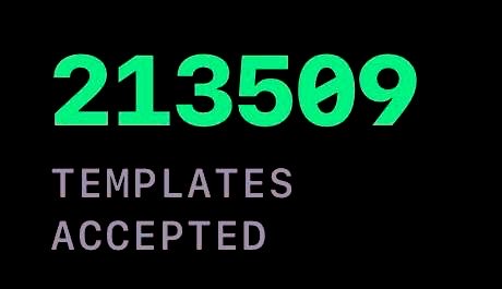 The image displays "213509 TEMPLATES ACCEPTED" in large green and gray text on a black background. It visually reinforces the post's claim about PyBLØCK-Pool's template acceptance, highlighting the high volume of accepted BIP110 templates by suppliers.
