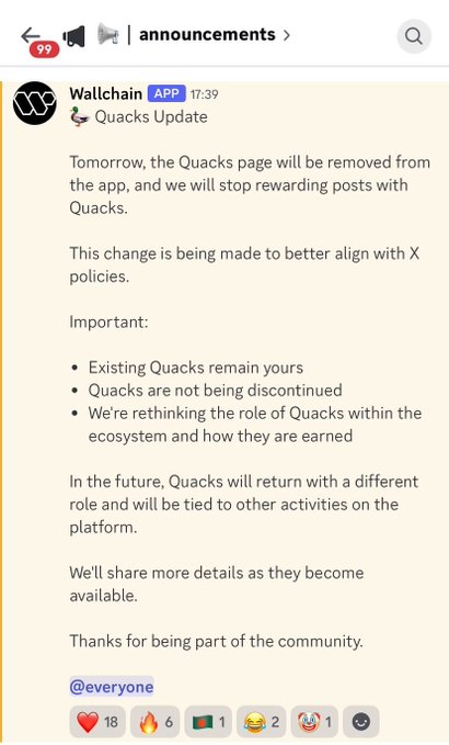 This is a screenshot from an Instagram post by @Everyone that announces "Quacks will be paused henceforth" as a result of some changes made in their application. The post highlights that Quacks will no longer be rewarded through posts, and mentions the Quakers App by Wallchain as the source for this change. Additionally, several emojis are used to convey various emotions related to the announcement or to simply add a light-hearted touch to the message.
