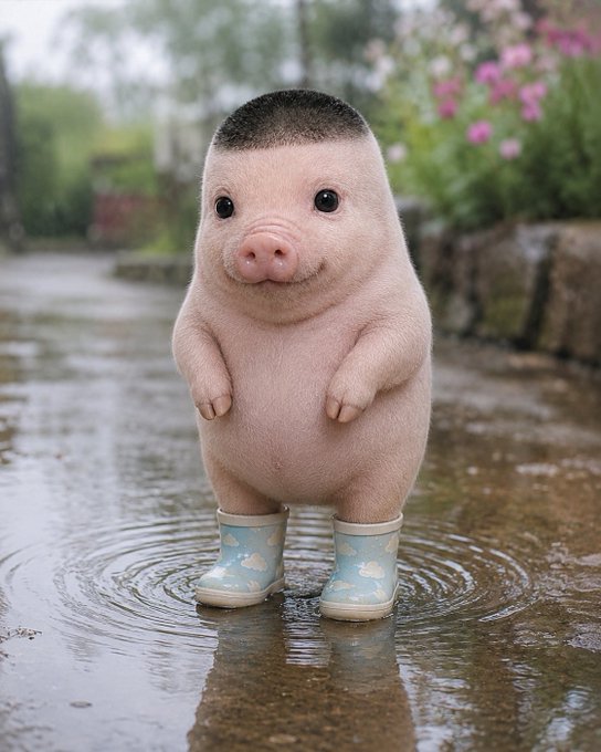 A highly realistic AI-generated image of a small, cute piglet standing upright on wet pavement, wearing light blue rain boots with cloud patterns.