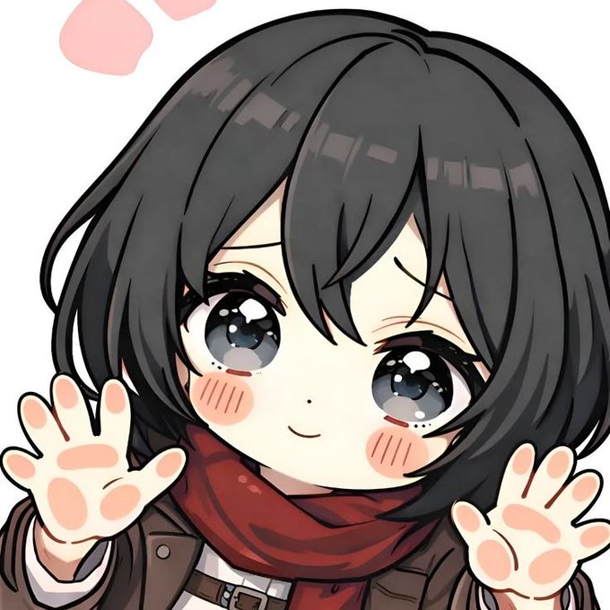 An anime-style illustration of a girl with short black hair, large eyes, and a red scarf, holding her hands up with a sweet expression.