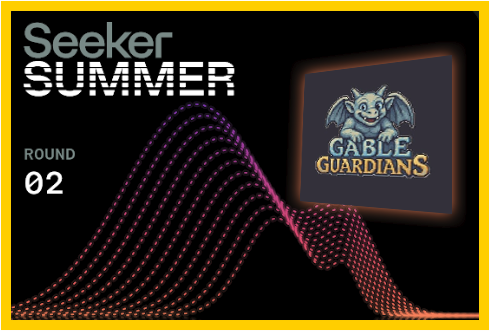 A promotional graphic for "Seeker Summer Round 02" featuring the Gable Guardians logo with a gargoyle mascot, set against a dark background with a pink and orange dotted wave design. The image visually complements the post's announcement of Round 2 challenges, including the "Gargoyle Unlocked" and "First Blood" quests associated with Gable Guardians.
