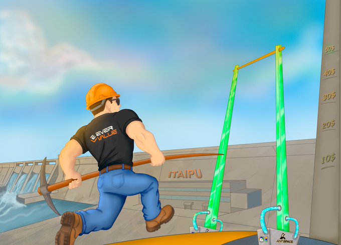 A digital illustration of a muscular man wearing an 'EVER WOLF' shirt and an orange hard hat, holding a pickaxe and running toward green high jump bars with an 'Itaipu' dam and a price scale in the background.