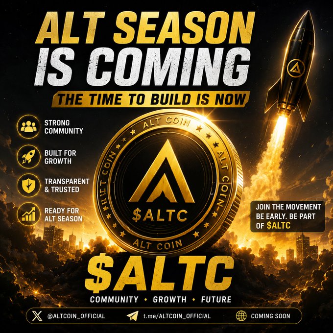 A bold promotional graphic for $ALTC featuring a large gold coin emblazoned with the Alt Coin logo, set against a dramatic fiery background with a rocket launching into the sky, accompanied by the tagline "Alt Season Is Coming - The Time to Build Is Now" and key selling points highlighting strong community, growth, transparency, and alt season readiness.
