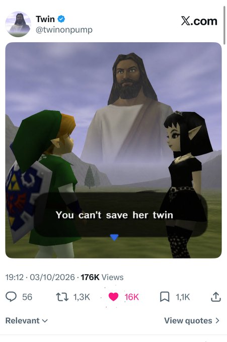 A screenshot of an X.com post by @twinonpump showing a Zelda-style scene with Jesus in the background and the caption 'You can't save her twin'.
