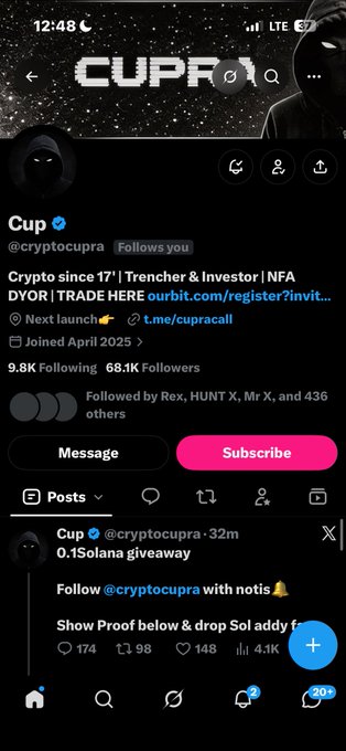 A mobile screenshot of the X (Twitter) profile for 'Cup' (@cryptocupra), a verified account with 68.1K followers promoting a '0.1Solana giveaway' and displaying '9.8K Following'.