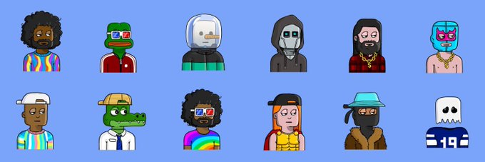 A grid of twelve pixel-art style NFT character avatars with various features like 3D glasses, masks, and different hairstyles is displayed on a blue background.
