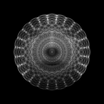 An abstract circular wireframe mandala design rendered in white lines on a black background.