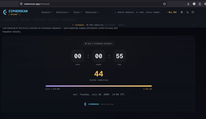 A screenshot from Cipherscan shows an Ironwood mainnet countdown timer at 0 days, 0 hours, 55 minutes with 44 blocks remaining, estimating completion on Tuesday, July 28, 2026.