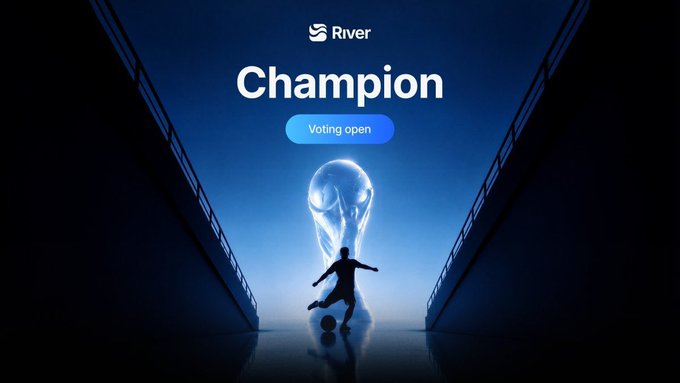 A dark, dramatic promotional graphic with "River" branding displays the word "Champion" above a blue "Voting open" button, featuring a silhouetted soccer player kicking a ball toward a glowing trophy in a stadium-lit tunnel. The image visually reinforces the World Cup Champion Voting campaign mentioned in the post, with the luminous trophy symbolizing the 150,000 River Points prize at stake for participants who cast their picks before the final.
