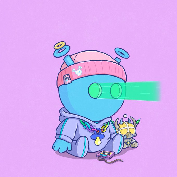 A cartoon illustration of a blue robot-like character wearing a pink beanie and gray hoodie with colorful chain accessories, featuring green laser-beam eyes on a pink background.