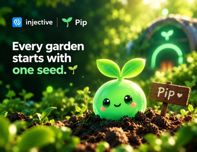 A promotional image for 'injective | Pip' featuring a green cartoon seedling character in a garden with text 'Every garden starts with one seed.'