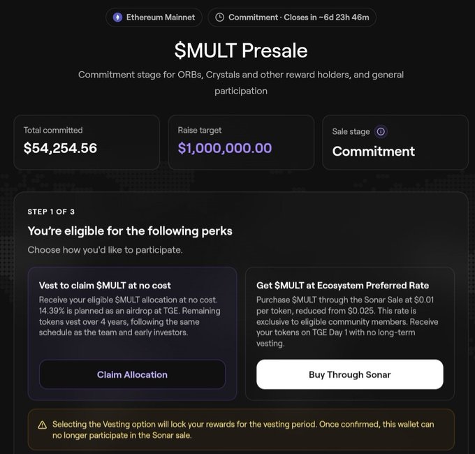 A screenshot of the '$MULT Presale' interface on Ethereum Mainnet, showing $54,254.56 committed against a $1,000,000.00 target, with options to 'Claim Allocation' or 'Buy Through Sonar.'