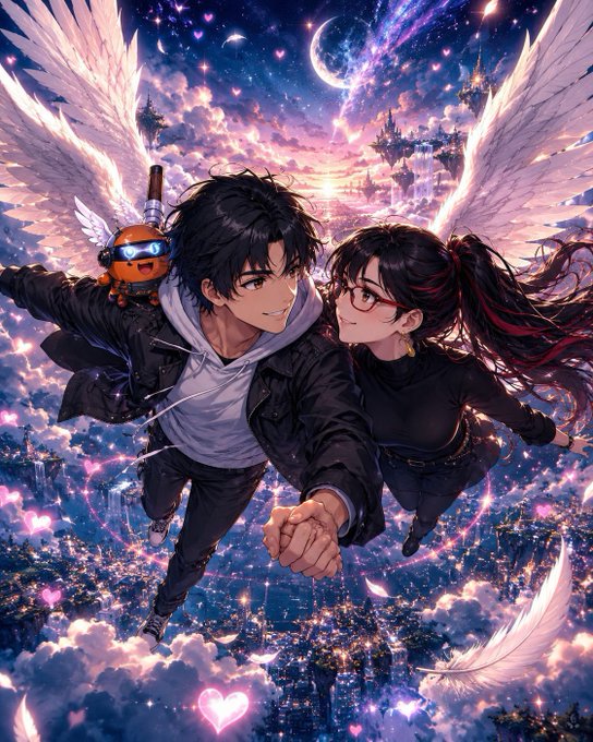 A young couple soars through a dreamy celestial sky with crescent moons, floating islands, and glowing heart-shaped lights, holding hands as they fly — with a small orange robotic companion perched near the boy. The whimsical, romantic fantasy scene mirrors the post's theme of community and engagement by visually evoking a soaring, uplifting experience beyond the typical trading environment, much like how the platform offers more than just transactions.