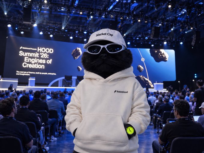 A black cat wearing a white cap labeled "Market Cap," white sunglasses, and a white Robinhood hoodie, standing in front of a stage screen displaying "HOOD Summit '26: Engines of Creation."