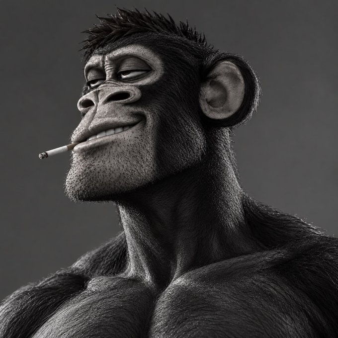 A highly detailed, hyper-realistic 3D rendering of a black chimpanzee-like humanoid with spiky hair smoking a cigarette.