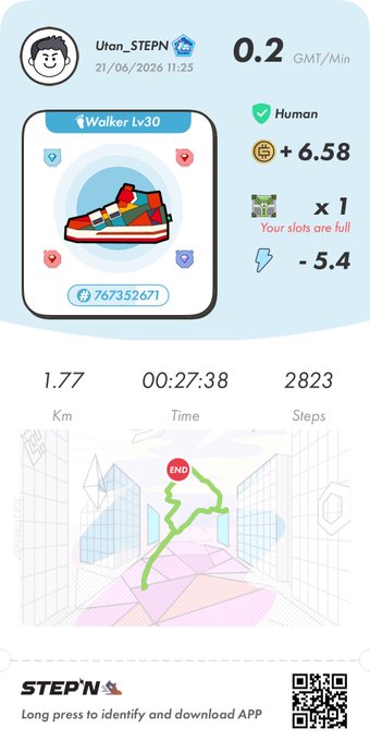The image shows a step counter app with a cartoon character walking through an office building, wearing a red shoe. The app displays information about the user's progress, including their steps taken, calories burned, and distance traveled.