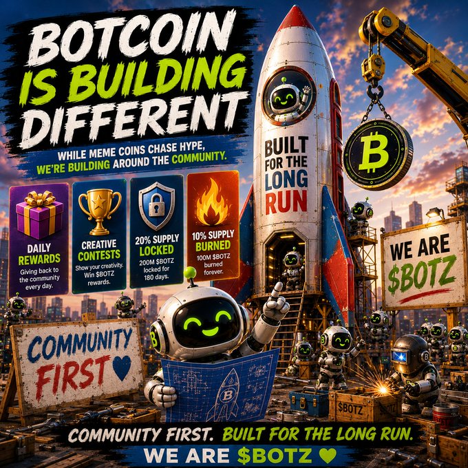 A vibrant promotional graphic for $BOTZ features the headline "BOTCOIN IS BUILDING DIFFERENT" alongside a rocket labeled "BUILT FOR THE LONG RUN," showcasing key features including Daily Rewards, Creative Contests, 20% Locked (200M $BOTZ for 180 days), and 10% Burned (100M $BOTZ), while friendly cartoon robots hold "$BOTZ" and "COMMUNITY FIRST" signs in a construction scene—directly mirroring the post's emphasis on community-driven, long-term value over hype.