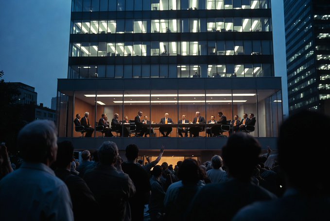 A cinematic photograph of a meeting taking place in a brightly lit glass-walled room inside a modern office building at dusk, with a large crowd of onlookers gathered outside watching the proceedings.