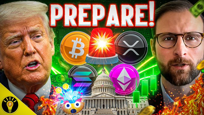 A graphic featuring Donald Trump, a man in glasses, the US Capitol building, and various cryptocurrency logos (Bitcoin, XRP, Solana, Ethereum) with the word "PREPARE!" prominently displayed. The image visually represents the excitement and urgency surrounding cryptocurrency news, as indicated by the post mentioning the Clarity Act and crypto's movement.