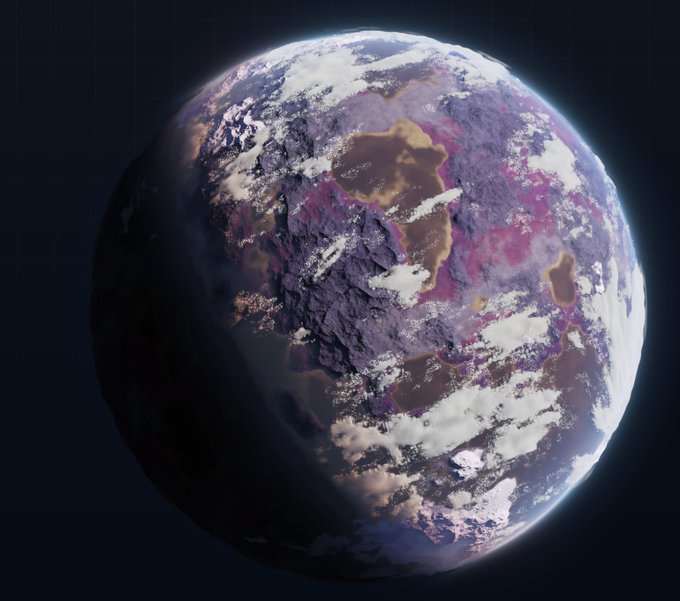 A digital rendering of a fantasy planet with purple and pink landmasses, white clouds, and a dark space background.