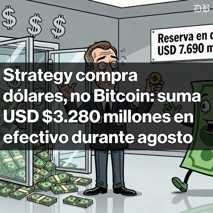 A cartoon image showing a businessman holding a Bitcoin coin while standing next to a safe full of dollar bills, with Spanish text reading 'Strategy compra dólares, no Bitcoin: suma USD $3.280 millones en efectivo durante agosto'.