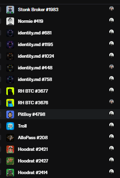 A screenshot of a Discord member list showing usernames with IDs, including accounts like "Stork Broker #1983", "FitBoy #4798" (highlighted/selected), "Troll", and "Hoodrat #2421", alongside the post referencing "bullish nft #NFTs." The image appears to showcase a list of NFT-related Discord usernames, with the highlighted "FitBoy" suggesting community engagement around the bullish NFT sentiment mentioned in the caption.